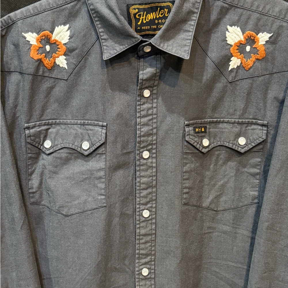 Howler Brothers Charcoal Shirt w/ Hibiscus Flowers - Floral Embroidery - MEDIUM - Picture 2 of 11